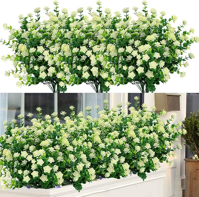 6 Bundles Outdoor Artificial Flowers UV Resistant Fake Boxwood Plants, Faux Plastic for Indoor Outside Hanging Plants Garden Porch Window Box Home Wedding Farmhouse Decor (Milk Green)