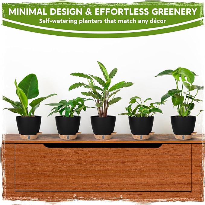 8 Inch Self Watering Pots for Indoor Plants, Plastic Planters with Deep Reservoir & Drainage Holes, Flower Pots for Monstera, Snake Plant & Peace Lily, Worry-Free Vacation Care (Black, 8 inch)