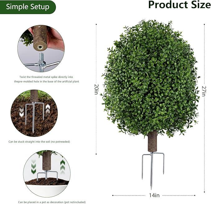 INSPRING 27'' Artificial Boxwood Topiary Trees Outdoor Fake Bushes Plants UV Resistant Evergreen Shrubs with Metal Ground Spike for Porch Patio Garden, 1 Pack