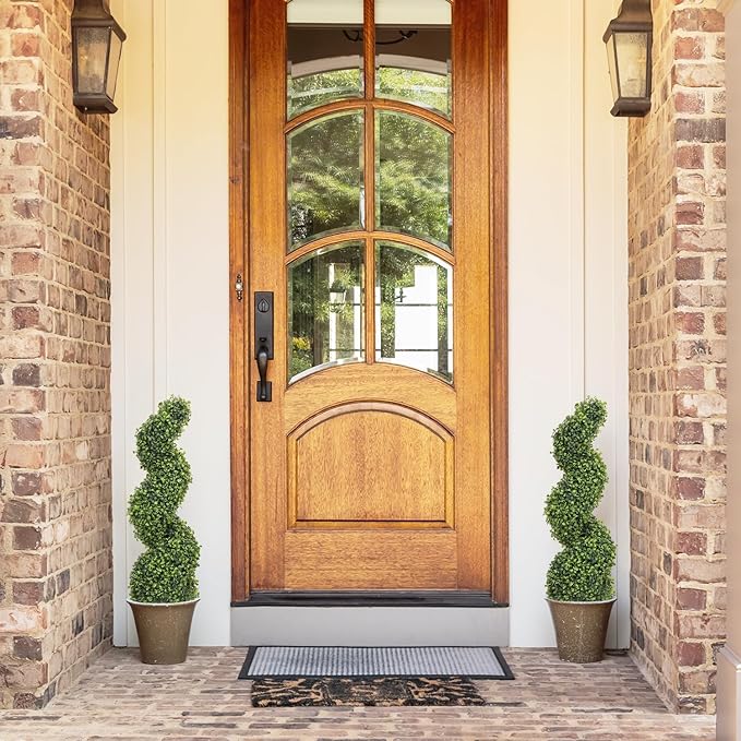 THE BLOOM TIMES 3ft Tall Spiral Topiary Trees Artificial Outdoor Set of 2, 36 Inch UV Resistant Large Faux Evergreen Fake Boxwood Plants for Front Porch Outside Planter Entryway Entrance Decor 3 Foot