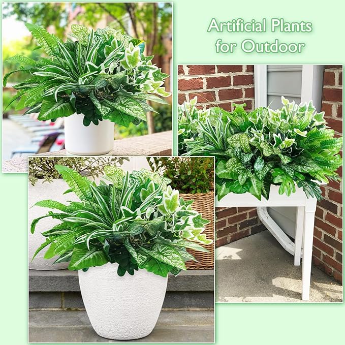 obbsie 16 Bunches Fake Plants Outdoor UV Resistant Artificial Bushes Green Boxwood Shrubs Faux Plastic Plants Greenery Stems for Spring Outdoor Garden Patio Front Porch Yard Home Decor