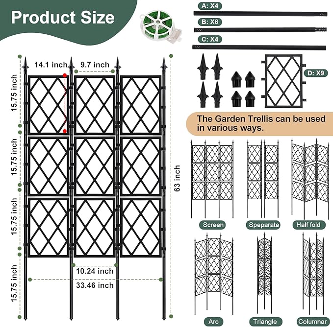 5.25FT Garden Trellis Support Fence,Metal Wall Lattice Climbing Frame for Climbing Plants Outdoor, Black Iron Pipe Fence for Potted Plants Indoor for Ivy Vines Vegetable Flower, Patio, Lawn, Yard