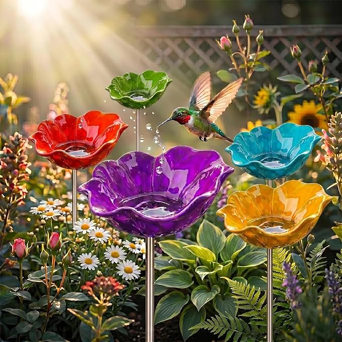 24" Handmade Metal Flower Garden Stake Bird Bath - Detachable Anti-Slip Bee Watering Station & Butterfly Puddler - Rustic Outdoor Art, Garden Gift for Bird Watchers, Mom & Seniors (RBYPG 5pcs)