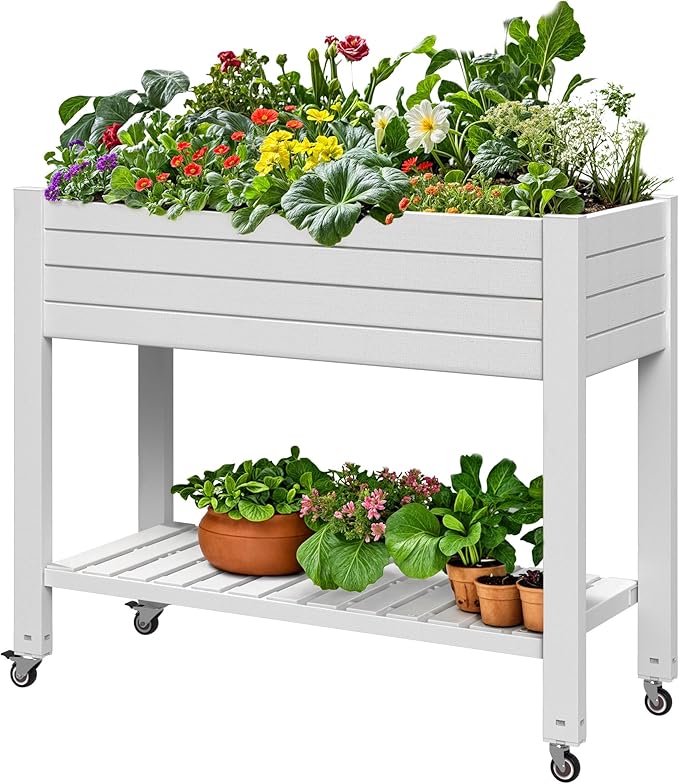 DWVO Raised Garden Bed Kit, 3.6 x 1.5 x 2.8 FT Outdoor Plastic Planter Box with Wheels and Legs, Garden Box with Drain Plug & Storage Shelf for Planting Vegetables, Flowers, and Herbs, Grayish-White