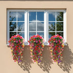 CEWOR 4pcs Artificial Hanging Plants for Outdoor, Fake Flowers Faux Silk Morning Glory with Eucalyptus, UV Resistant Realistic Faux Flower Greenery for Outside Indoor Home Porch Patio Decor