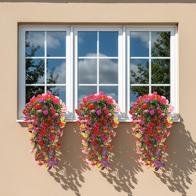 CEWOR 4pcs Artificial Hanging Plants for Outdoor, Fake Flowers Faux Silk Morning Glory with Eucalyptus, UV Resistant Realistic Faux Flower Greenery for Outside Indoor Home Porch Patio Decor