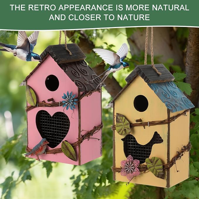 DoubleFill 2 Pcs Birdhouses for Outdoor Hanging Yard Outside Wooden Birdhouse Hand Painted Bird Box for Bird Lovers Bluebird Tree Garden Decor Decorative Birdhouse(Pink,Yellow,Iron Roof)