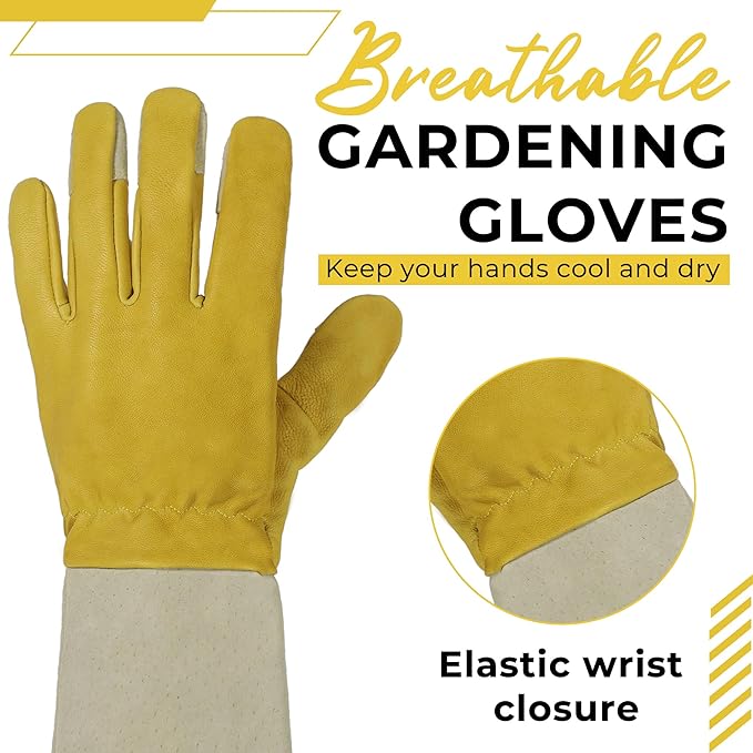 HANDLANDY Rose Pruning Gardening Gloves for Men Women, Thorn Proof Forearm Protection Leather Garden Gloves, Gardening Gifts for Gardeners (Butter Yellow, Medium)