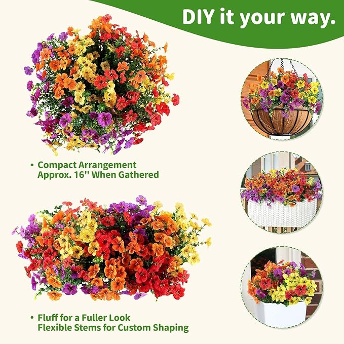 Artificial Outdoor Flowers, Realistic UV Resistant Waterproof Faux Plants, Full Looking Fake Flowers for Porch Planters Hanging Baskets Garden Patio Yard Outdoor Decor, 12 Bundles 4 Colors