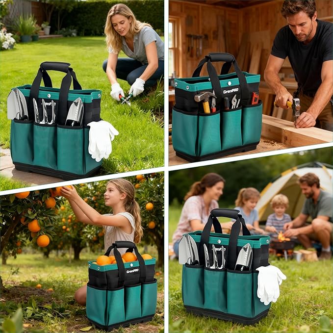 GrenPRO Garden Tool Bag Molded Bottom, Heavy Duty Tool Tote Toolbox with 10 Pockets, Reinforced & Top Snap Closure for Gardening Tools Storage, Dark Green(Tools Not Included)