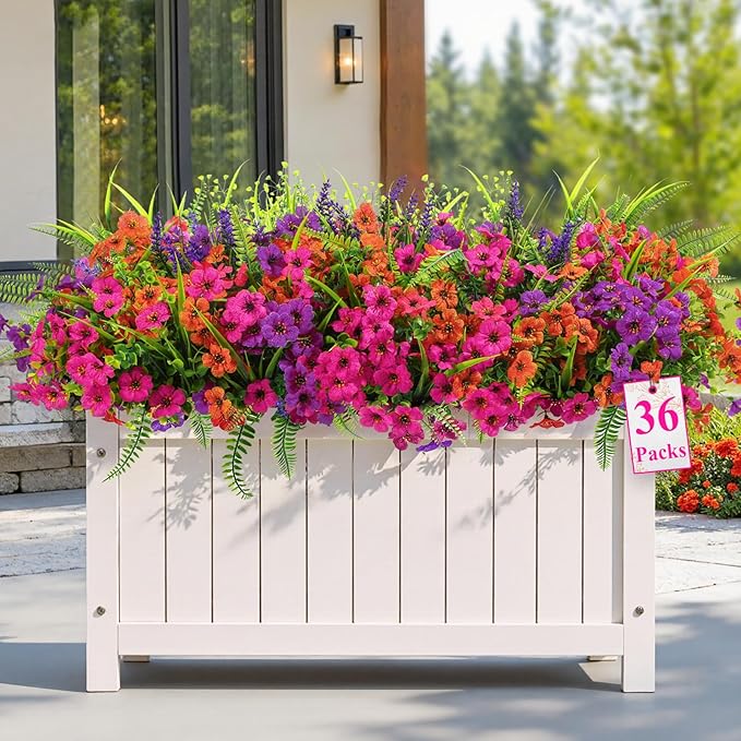 Alupssuc 36 Bundles Artificial Flowers for Outdoors Spring Decoration, UV Resistant Eucalyptus Violet and Lavender Silk Fake Plants for Outside Indoor Yard Home Patio Decor, Orange Rose Purple