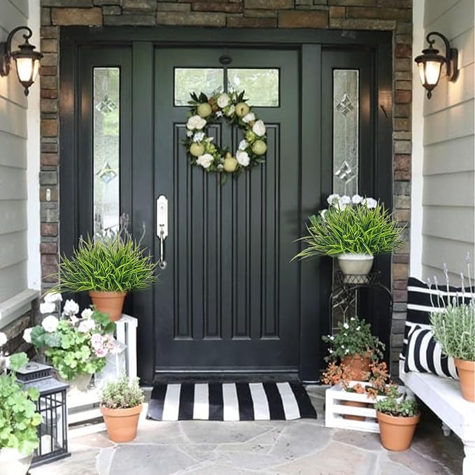 12 Bundles Artificial Outdoor Plants UV Resistant Fake Grass Plants Faux Plastic Greenery Shrubs for Home Garden Pathway Window Box Front Porch Spring Summer Decor, Green