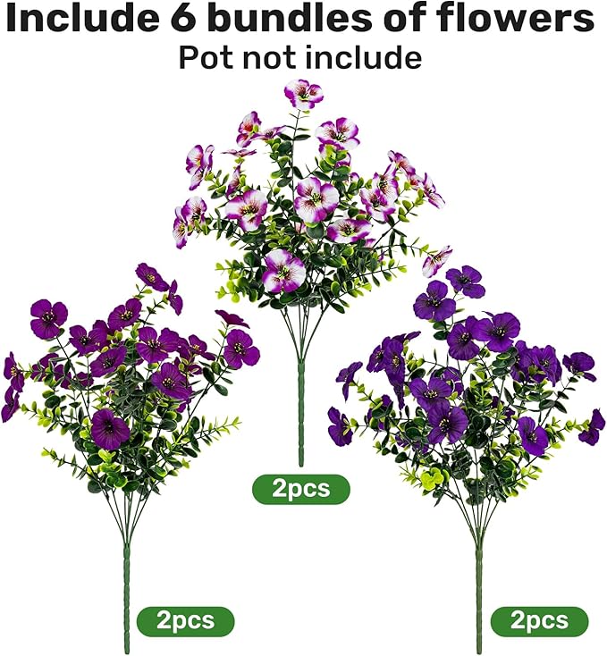 17 Inch Artificial Faux Pansy Flowers for Outdoor,Fake Pansies Flowers with Eucalyptus Leaves Fake Plants Greenery Boxwood Porch Patio Decor 6 Bundles(Dark Purple,Lotus Purple,Purple White)
