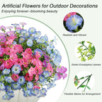 12PCS Artificial Flowers for Outdoor Decorations, Realistic Faux Silk Petunia Flowers for Outside, Fake Plants Morning Glory with Eucalyptus Porch Patio Planters Window Boxes Decor