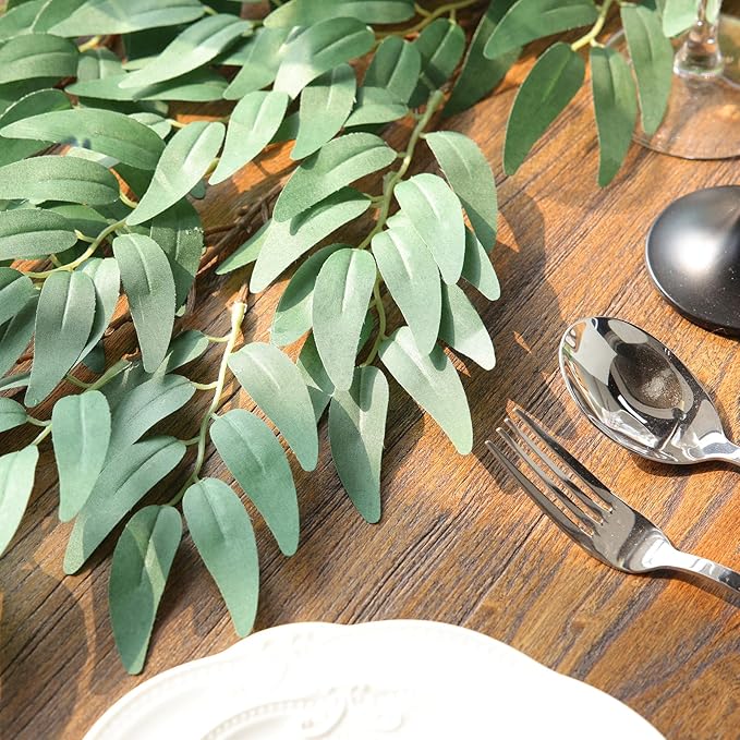 Mizii 2 Strands Artificial Vines Willows Garland 78" Fake Vine Italian Ruscus Silk Green Leaves Faux Hanging Plants Greenery Decoration for Table Centerpieces Home Room Party Wedding Decor (Willows)