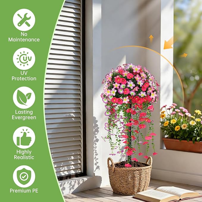 Grooy Artificial Plants Flowers Topiary Ball for Outdoor, 2 Pack Fake Silk Morning Glory Plant Bushes, UV Resistant Realistic Plants Shurbs for Outside,Front Porch,Patio,Yard(Pink)