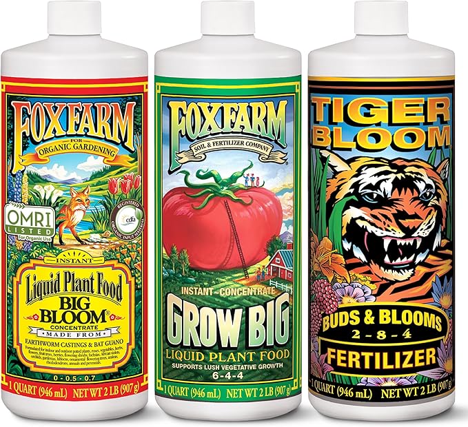 FoxFarm Soil Liquid Trio Pack - Big Bloom, Grow Big, Tiger Bloom Fertilizers Supports Vigorous Plant Growth, Bud Development & Abundant Fruit - Complete Liquid Plant Food Set - 3 Quart Bottles