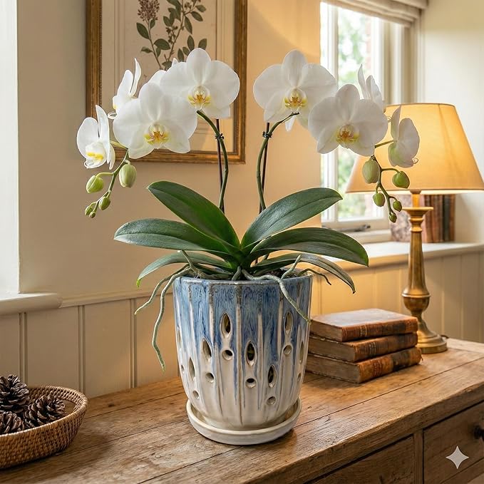 Aspen & Fig Blue & White 8 Inch Indoor Orchid Plant Pot with an Attached Saucer and Drainage Hole for House Plants, Herbs, Flowers, Succulent Plants, Snake Plants, Gifts for Mom