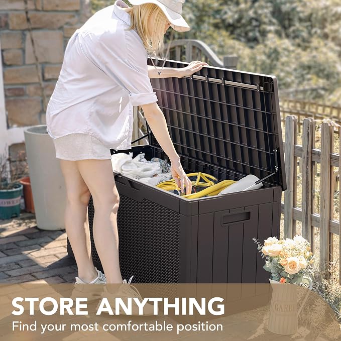 Devoko 100 Gallon Waterproof Large Resin Deck Box Indoor Outdoor Lockable Storage Container for Patio Furniture Cushions Garden Tools (100 Gallon, Dark Brown)