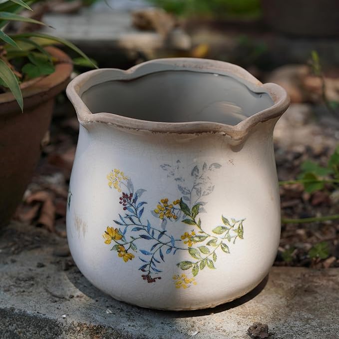 Dosayes Rustic Ceramic Planter, 6 Inch Tuscan Vintage Flower Pot with Drainage, Farmhouse Garden Pot for Indoor Plants, Kitchen & Garden Tuscan Decor, Plant Lover Gift (Yellow)
