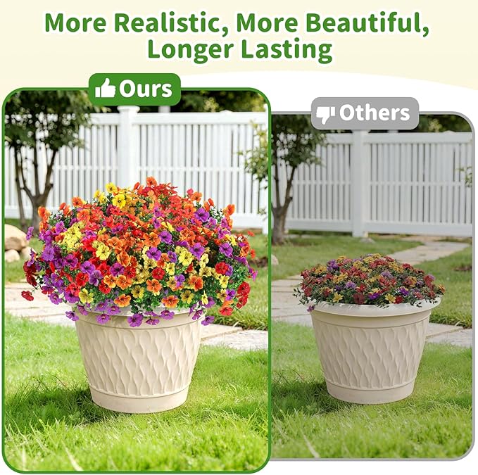 Artificial Outdoor Flowers, Realistic UV Resistant Waterproof Faux Plants, Full Looking Fake Flowers for Porch Planters Hanging Baskets Garden Patio Yard Outdoor Decor, 12 Bundles 4 Colors