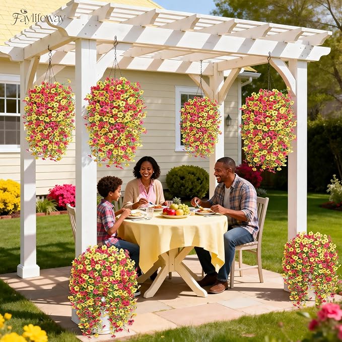 Artificial Hanging Flowers for Outdoors Spring Summer Decoration, 4PCS UV Resistant Silk Fake Hanging Plants for Patio Porch Front Yard Window Garden Indoor Decor(Hot Pink&Yellow,4PCS)
