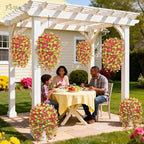 Artificial Hanging Flowers for Outdoors Spring Summer Decoration, 4PCS UV Resistant Silk Fake Hanging Plants for Patio Porch Front Yard Window Garden Indoor Decor(Hot Pink&Yellow,4PCS)