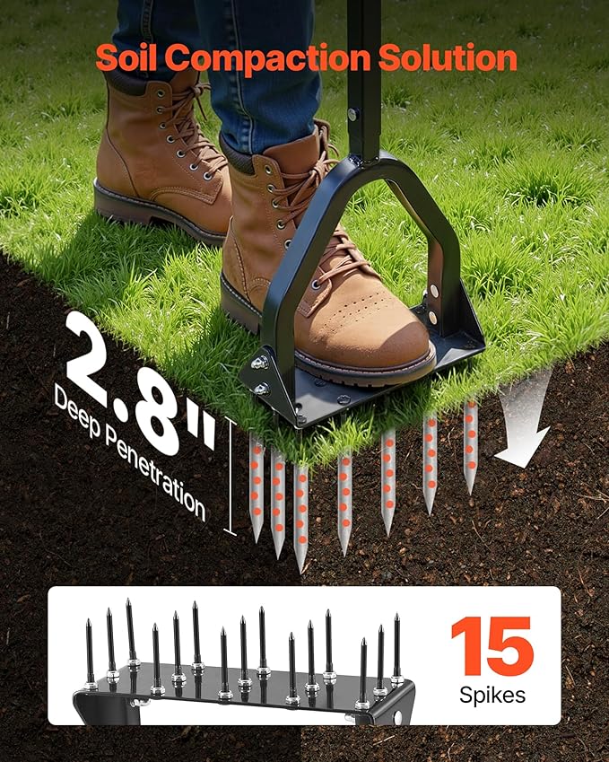 VEVOR Lawn Aerator, 9.2 in Manual Core Aerator Tool with 15 Iron Spikes, Long Handle & Wide Plate, Heavy Duty Grass Aeration Tool, Yard Aerators for Compacted Hardened Soil Lawn Aeration