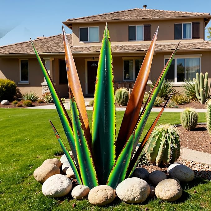 24” Large Metal Agave Plants Outdoor Decor, Vintage Green Tequila Rustic Sculpture Outdoor Statues, Agave Metal Plants for Yard Garden Lawn Ornaments，Artisan Metal Agave Landscape Decor