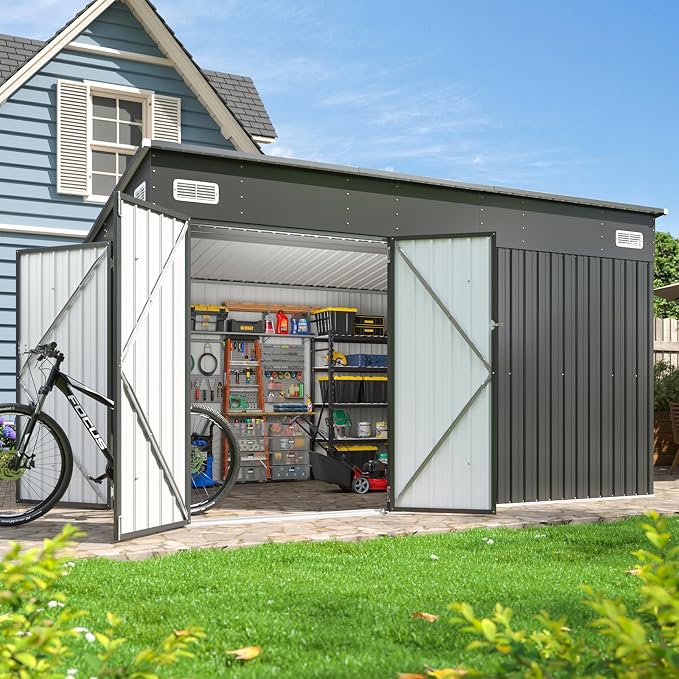 Aoxun 12'x7.3' Outdoor Storage Shed with Triple Lockable Door, Metal Storage Shed with Slopping Roof for Tools Bicycles Storage in Garden, Backyards, Black