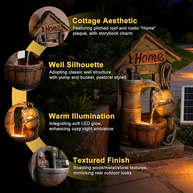Solar Outdoor Water Fountain with Pump and Water Well 28.7 Inch High Rustic Barrel Cascading Waterfall Fountain, 3-Tier Garden Water Feature for Patio, Backyard, Yard & Outdoor Decor