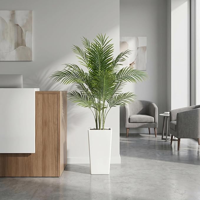 Garvee 4.8FT Artificial Palm Tree, Tall Faux Tropical Areca Plants with White Tall Planter, Fake Potted Tree with Lifelike Leaves for Indoor Living Room Bedroom Home Office Decor