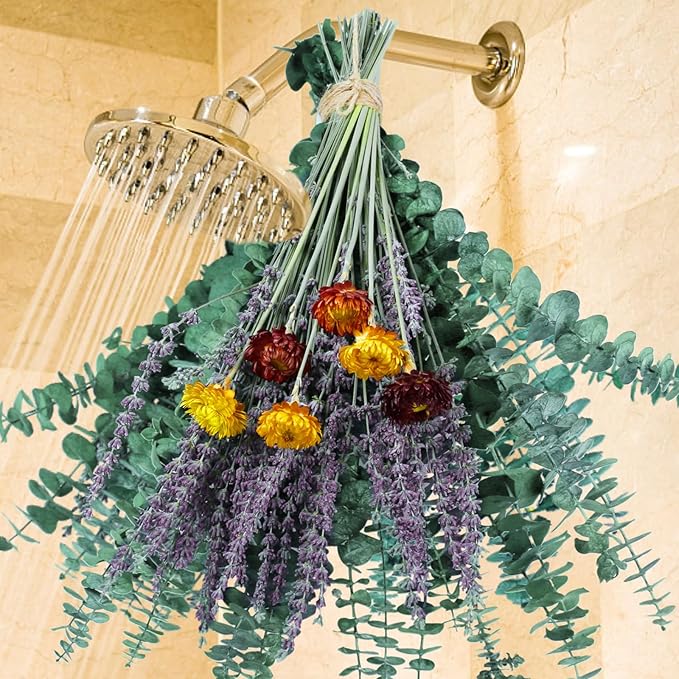 115 Pcs Eucalyptus Stems & Lavenders Flowers Bundles for Shower, 17'' Upgrade Hanging Shower Plant, Natural Real Eucalyptus Leaves Lavenders Stems with Chrysanthemums, Fragrant Bathroom Decor