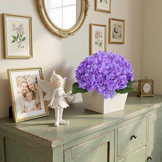 Artificial Hydrangea Flowers Arrangement in Wood Planter, 4PCS Fake Purple Flowers in Wooden Vase Potted Floral Centerpieces for Tables Living Room Home Office Room Shelf Kitchen Decor
