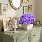 Artificial Hydrangea Flowers Arrangement in Wood Planter, 4PCS Fake Purple Flowers in Wooden Vase Potted Floral Centerpieces for Tables Living Room Home Office Room Shelf Kitchen Decor