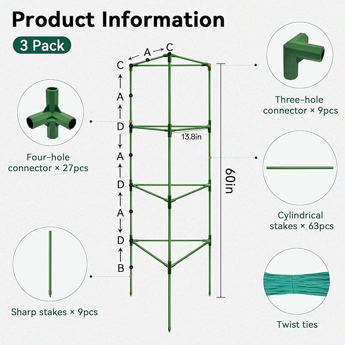 Halatool 3 Pack Tomato Cages for Graden 60 Inch, Adjustable Metal Tall Heavy Duty Tomato Trellis Plant Support, Foldable Tomatoes Stakes for Climbing Vegetables Flowers Fruits