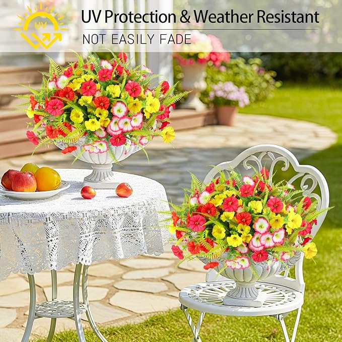 Artificial Flowers for Outdoors 12 Bundles Artificial Petunias Fake Flowers UV Resistant Shrubs Plants with Fern for Indoor Outside Hanging Planters Home Garden Spring Summer Decorations