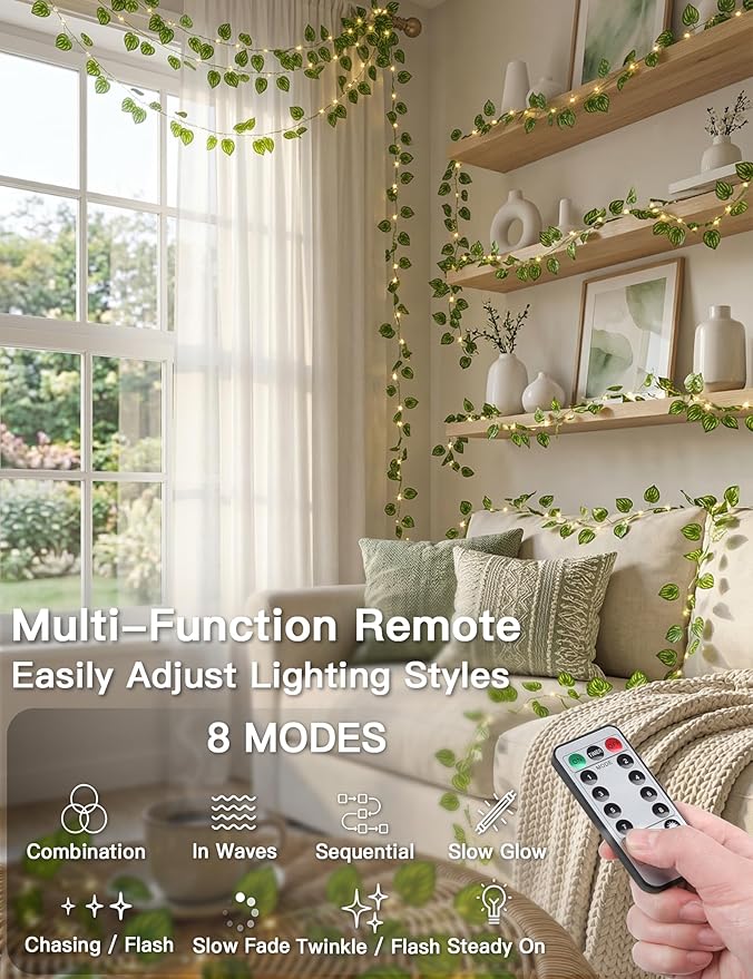 suddus Vines with Fairy Lights Battery & USB Powered Operated, 33ft 100 LED Watermelon Leaves String Lights with Remote, Artificial Plants for Indoor, Bedroom, Wedding, Wall, Party Decor(Warm White)