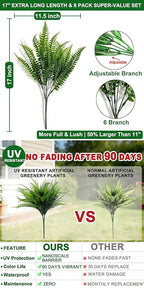 TURNMEON 8 Bundles Ferns Artificial Plants Outdoor 17 Inch Long Length Summer Decor, Artificial Flowers for Outdoors UV Resistant Fake Plants Plastic Faux Greenery Shrubs for Planter Home Garden Decor