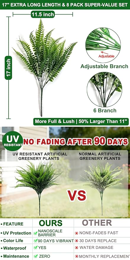 TURNMEON 8 Bundles Ferns Artificial Plants Outdoor 17 Inch Long Length Summer Decor, Artificial Flowers for Outdoors UV Resistant Fake Plants Plastic Faux Greenery Shrubs for Planter Home Garden Decor