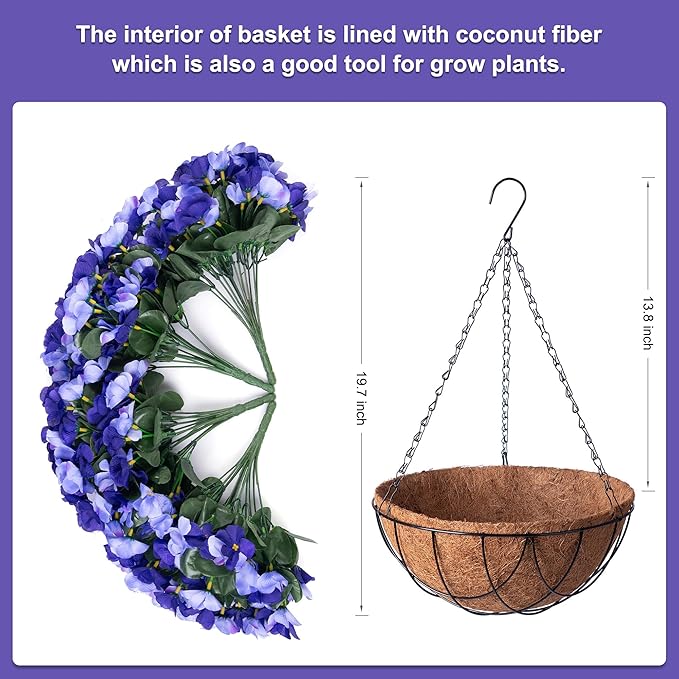INXUGAO Artificial Hanging Flowers with Basket Outdoor, Fake Hydrangea UV Resistant Arrangements in Pot Planter Spring Summer Decor for Indoor Porch Garden Yard (Double Blue)