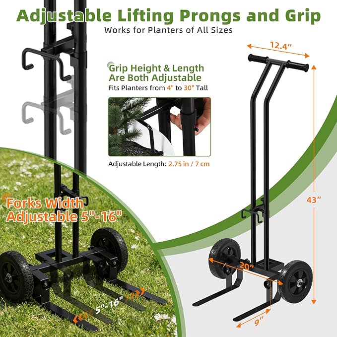Plant Caddy with Wheels, 200 Lbs Capacity Plant Dolly Cart with Wheels, Handle, Adjustable Forks and Grips, Potted Plant Mover for Flower Shop, Home, Courtyard, Offices, Hotels