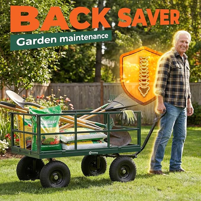 Sekey 1600 lbs Heavy Duty Steel Garden Cart for Farm & Construction, 12 Cu.Ft. Extra-Large Utility Wagon with Removable Sides, 2-in-1 Towable Handle, 13" Rubber Tires, Green