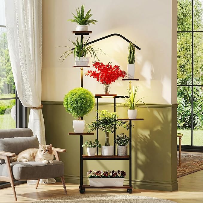 Zelvia 8-Tier Corner Plant Stand with Grow Lights – 65" Tall Metal Indoor Plant Shelf, Multi-Level Display for Plants & Flowers, Ideal for Bedroom Living Room Patio (with Roller)