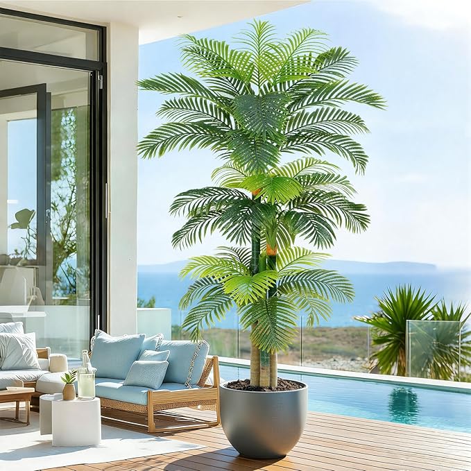 8.5ft Artificial Golden Cane Palm Tree - Large Triple Fake Palm Tree in Pot for Indoor/Outdoor, Patio, Pool, Big House, Office, Backyard, Home Decor - Green, Extra Tall