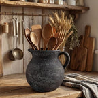 Potchen Rustic Kitchen Utensil Holder with Handle,7.48" H Ceramic Vintage Utensil Crock for Countertop, Farmhouse Kitchen Decoration Ceramic Pot for Spatulas Spoons Tongs(Classic,Antique Black Gold)
