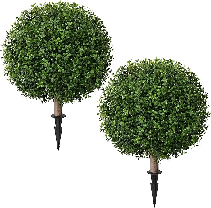 Artificial Boxwood Topiary Ball Trees for Outdoor Set of 2 Fake Plant Bushes with Ground Spike UV Resistant Faux Shrubs for Garden Front Porch, Green
