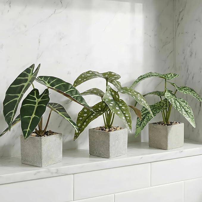 3pcs Small Fake Plants Artificial Begonia Leaves Faux Plants Indoor for Office Desk Shelf Bathroom Home Decor