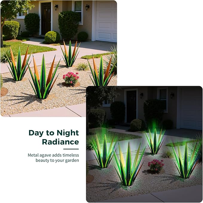 24” Large Solar Metal Agave Plants Outdoor Decor, Tequila Rustic Sculpture Outdoor Statues, Garden Sculpture for Patio Path Courtyard and Lawn