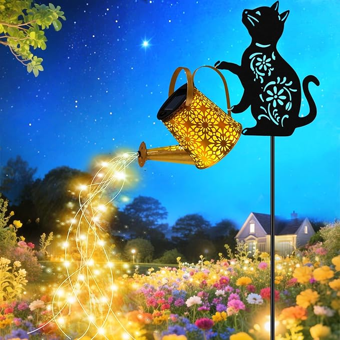Solar Watering_Can Lights, Cat Hanging Lantern Solar Lights Outdoor, Cat Lover Gifts for Mom Women Birthday Mother's Day Christmas, Waterproof Garden Decor Outside Patio Yard Pathway Backyard
